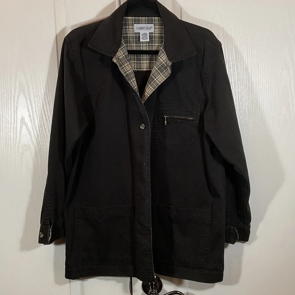 Cabin Creek Black Button-Up Jacket with Plaid Lining - Picture 1 of 5
